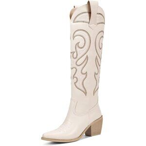 Women Beige Knee High Cowgirl Boots Chunky Heel Zipper Comfort Convenience